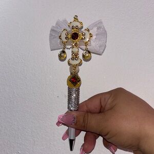 Rhinestone Cross Bow Decorative Ballpoint Pen - White, Gold, Red